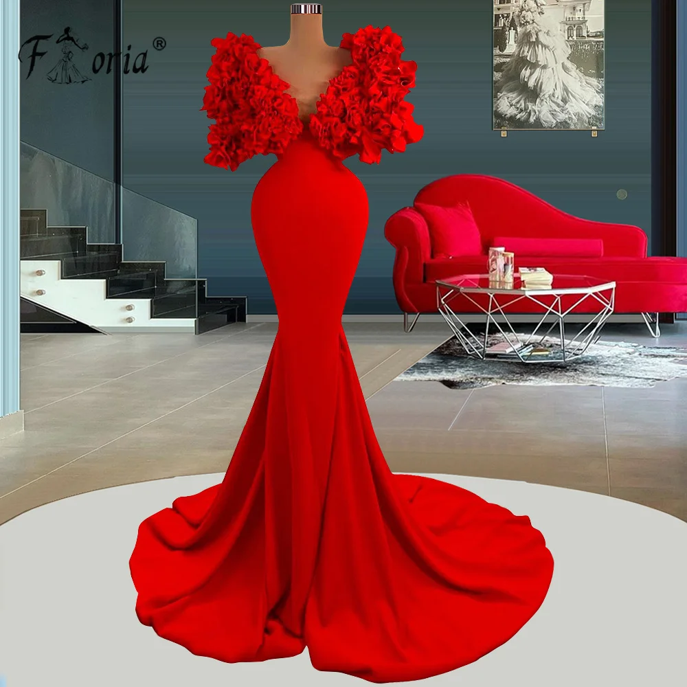 Modest Red V Neck Mermaid Prom Promes 3D Flowers Appliques Elegant Wedding Evening Party Wear Custom Made Vestidos de noche 2023