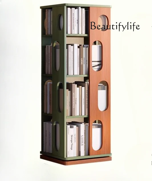 

360-Degree rotating bookshelf, living room solid wood retro bookcase floor-to-ceiling multi-layer storage shelf