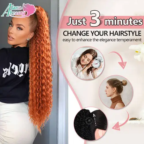 Imagen 2 del producto Cola de Caballo con cordón sintético Ruiva, cola de caballo rizada de 32 pulgadas de largo, extensión de cabello con Chip orgánico, banda de goma naranja, cola de caballo