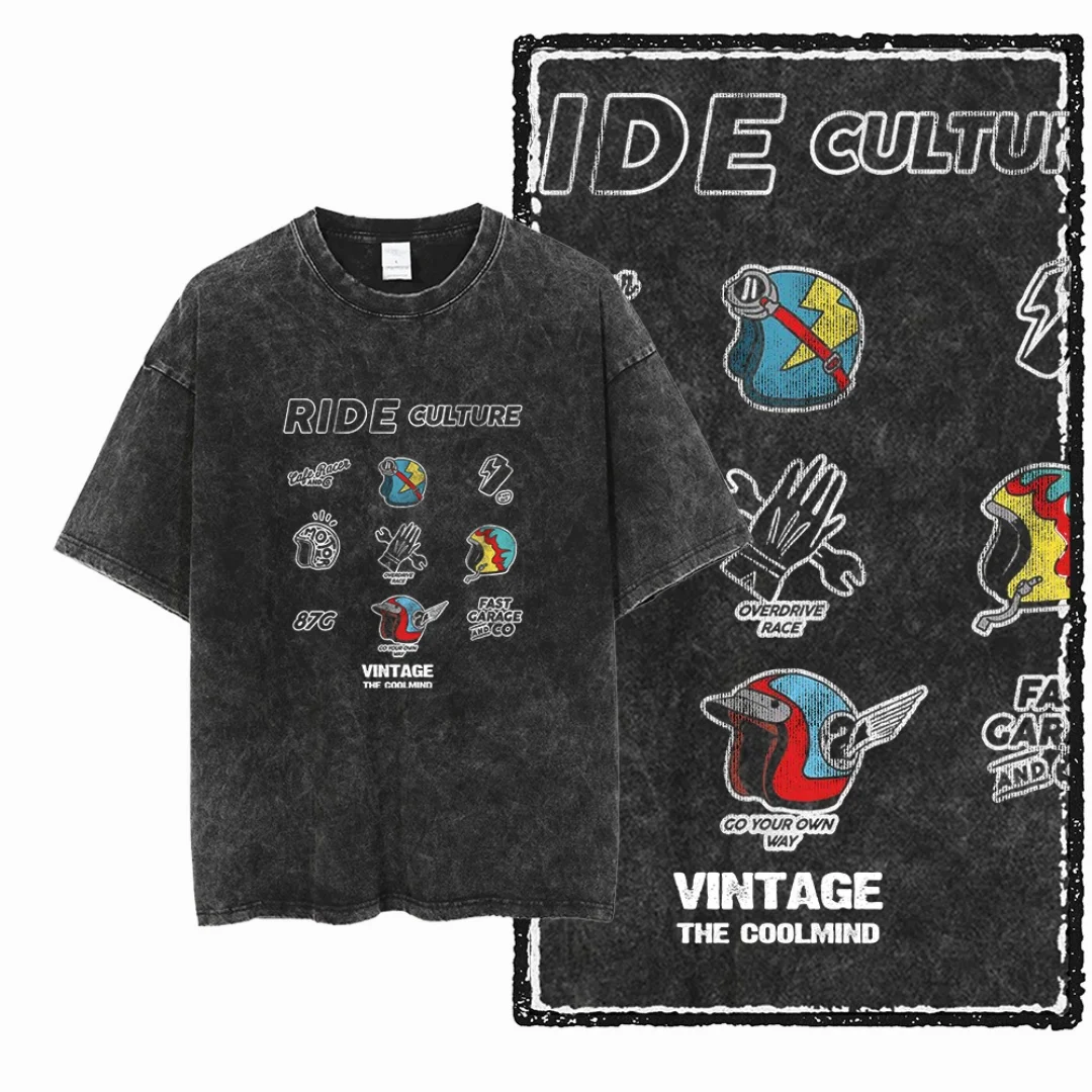

New Vintage Washed Ride Culture Badges Graphic Men Tshirt Oversized Black Vintage Tshirt Motocross themed Streetwear Tee