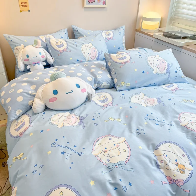 

Кавайный Sanrio Cinnamoroll Melody Kuromi из чистого хлопка, набор из четырех частей, аниме мультфильм, хлопковая простыня, для студенческого общежития, Набор из 3-х предметов, подарок