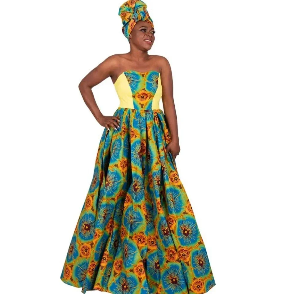 Womens African Dress Dashikis Print Ball Gown Party Dress Maxi and Strapless Women Clothing with Free Headwear Plus Size WY1805 image 4