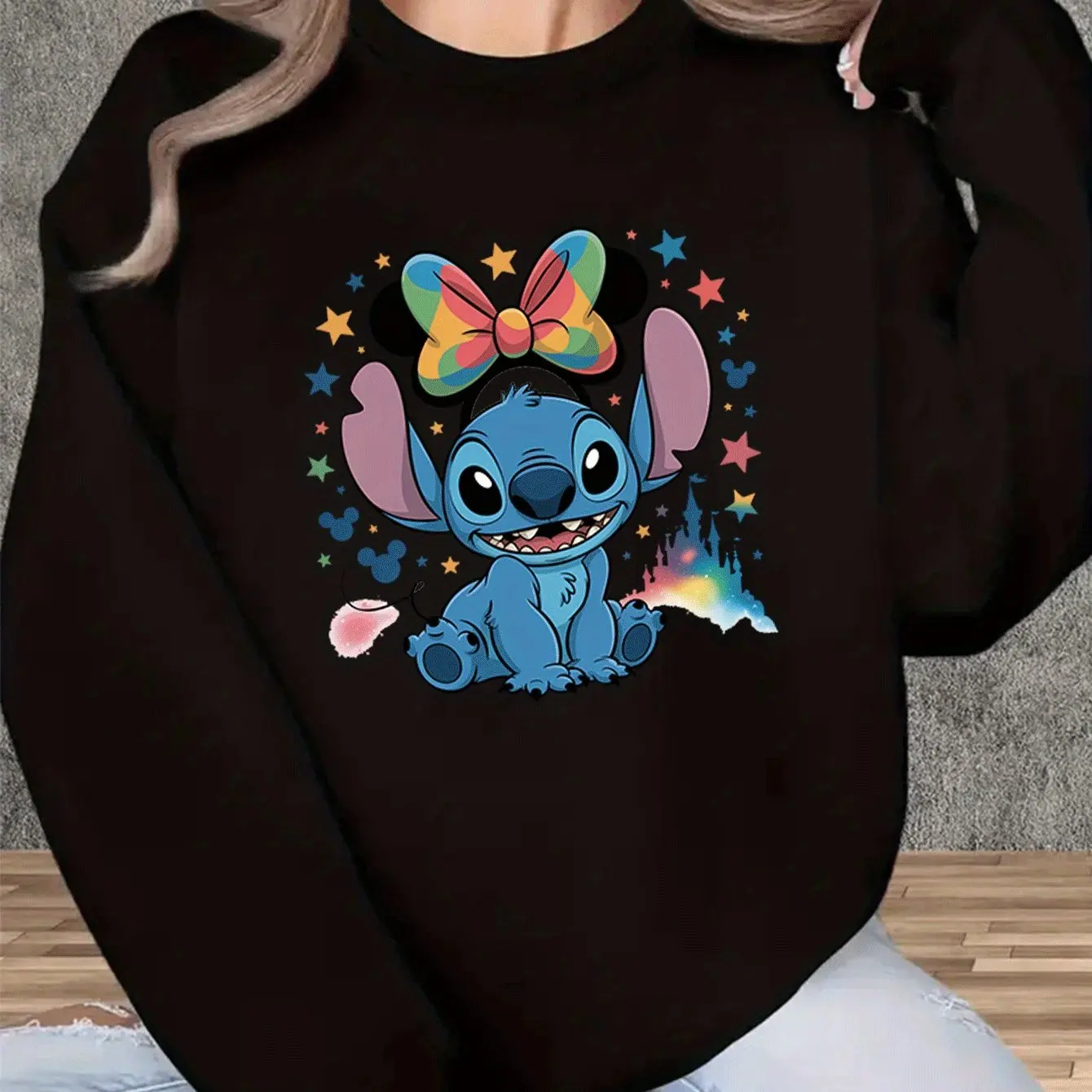 سويت شيرت نسائي برقبة دائرية من Disney Stitch بلوفر للجنسين من الصوف كاجوال للخريف والشتاء ملابس خروج كبيرة الحجم