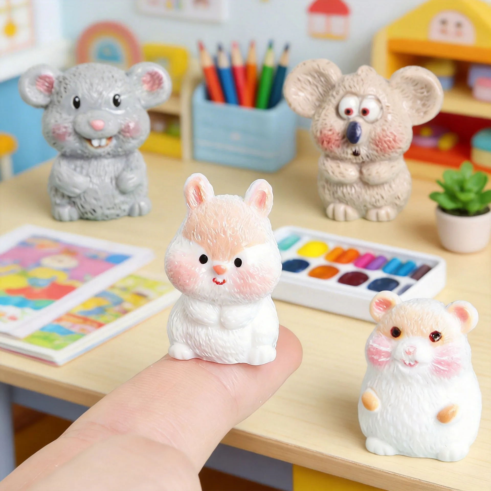 Cute Resin Mouse Hamster Miniature Figurines Kawaii Animal Desk Ornaments Micro Landscape Fairy Garden Decor Kids Gift Set