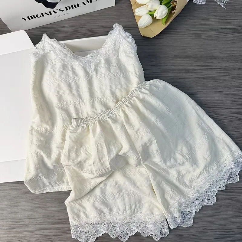 Women's Summer Pajamas Solid Color with Lace Decoration Homewear and Can Be Worn Outside Женская Пижама