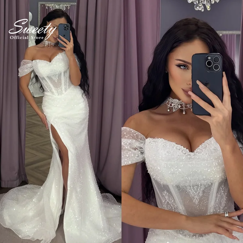 Modest Wedding Dress Bride Satin With Bead A-Line Ball Gown Mermai Fullsleeve Boat Neck Customized Bride Vestido De Novia
