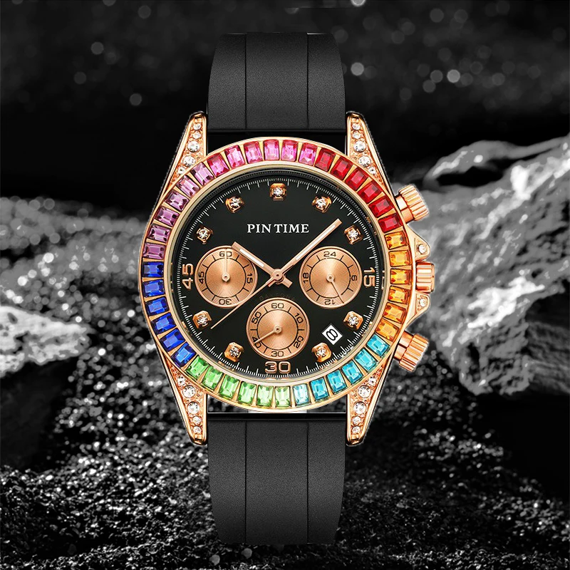 PINTIME Watch for Men Iced Out Colored Diamonds Case Silicone Strap Fashion Sports Quartz Wristwatch Waterproof Relogios Hombre