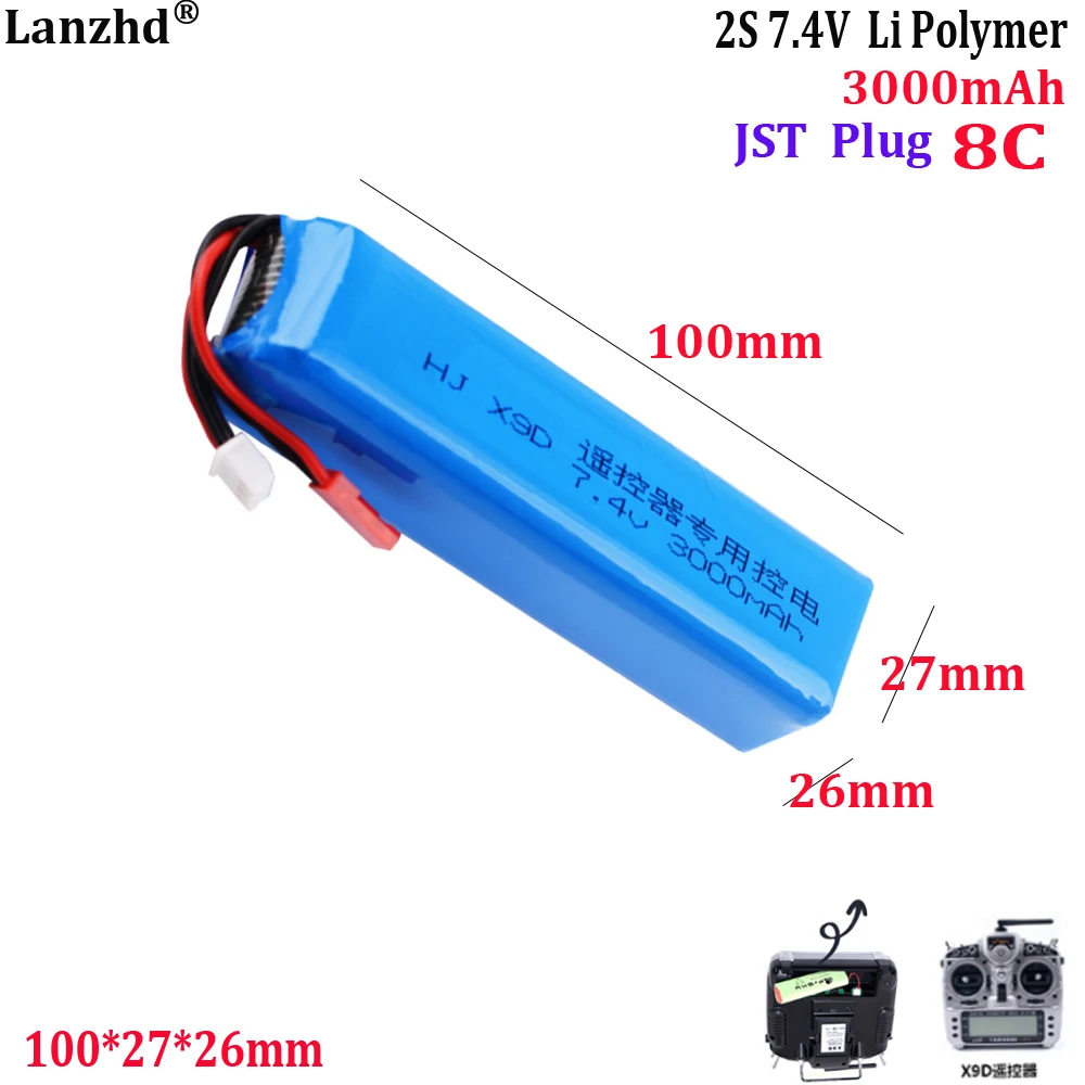 

7.4V battery 8C For Ruisikai FrSky X9D PLUS remote control or toy car battery 3000mAh large capacity