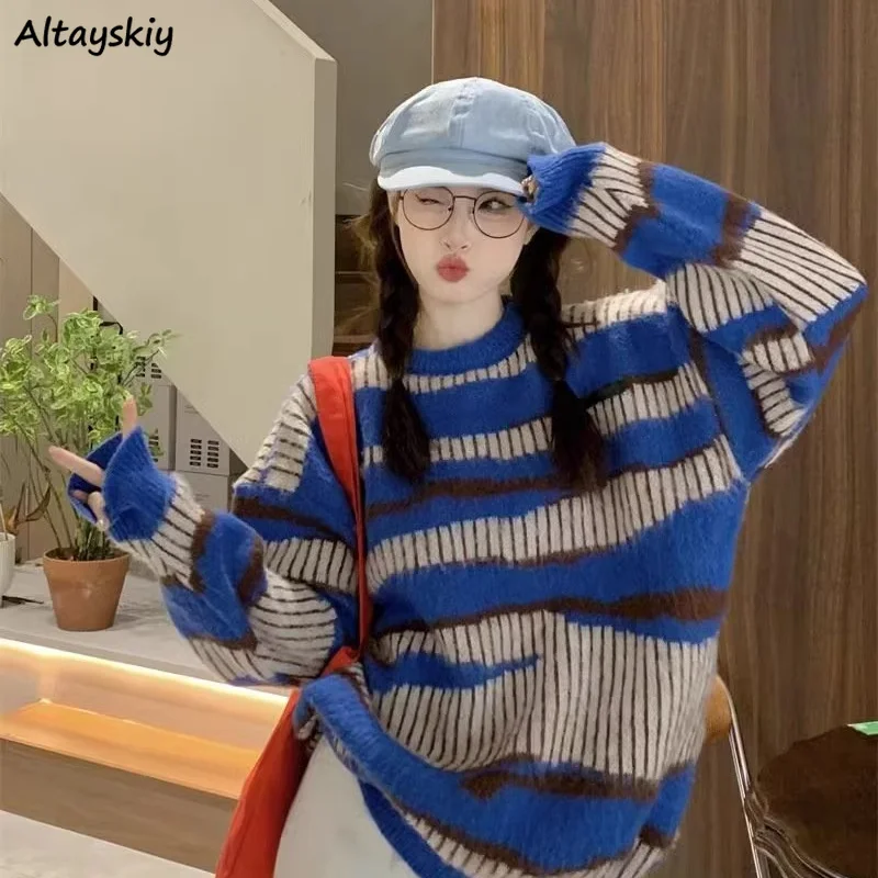 

Женские пуловеры Lazy Vibe со вставками в полоску, нежные уютные универсальные топы, корейская мода, осенне-зимняя уличная одежда для колледжа