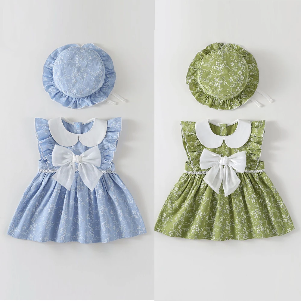 夏用幼児ベビー花柄ワンピース-0-2歳-乳幼児服-カジュアル衣装-ドールカラー-ヴィンテージ風リボン付きワンピースセット-高品質子供服