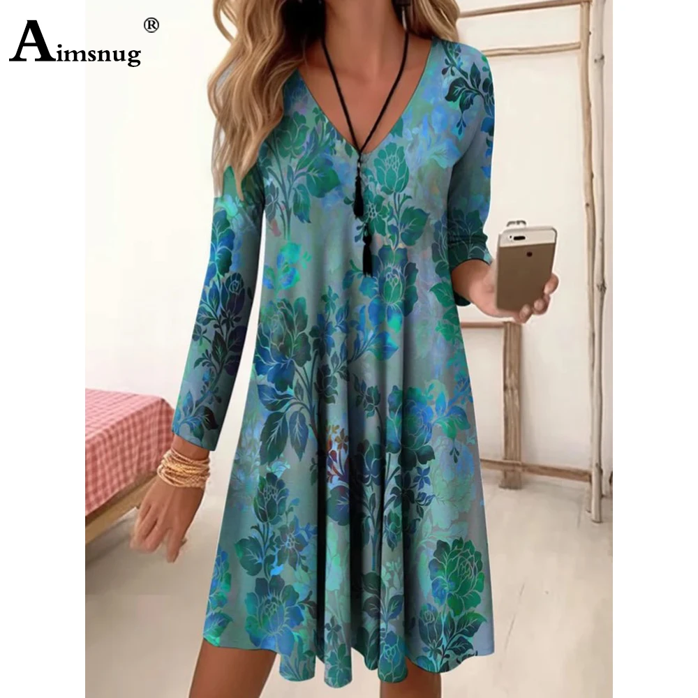 Plus Size Women Elegant Short Mini Beach Dress 2024 New Summer Boho Flower Print Dresses Ladies Vintage Deep V-neck Party Dress