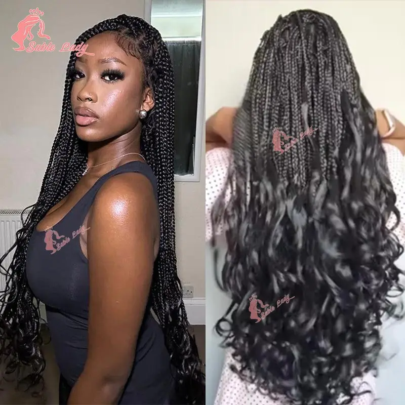 Synthetic Full Lace Frontal Knotless Box Braided Wigs with Curly Ends 28 Inch 1B30 Brown Cornrow Box Braids Wig for Black Women