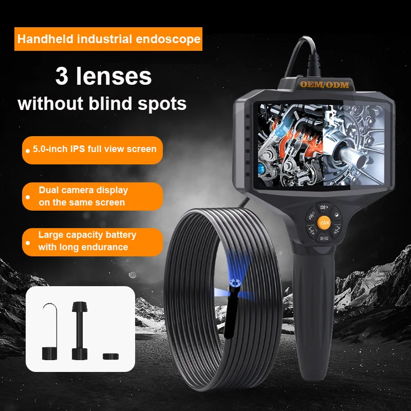 Triple Lens Industrial Borescope 5-Inch IPS Screen Endoscope Camera Split Screen View HD Sewer Inspection 8 LED IP67 Waterproof
