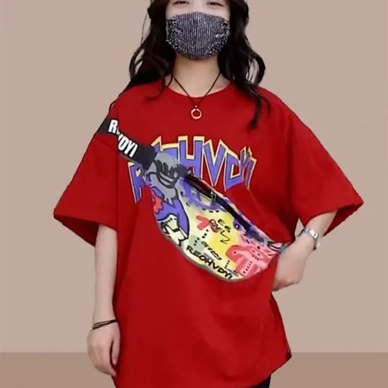 

Pure Cotton Fashion Short Sleeve T-shirt 2023 Summer New Style Comes with Shoulder Bag Loose Korean Version Couple Harajuku