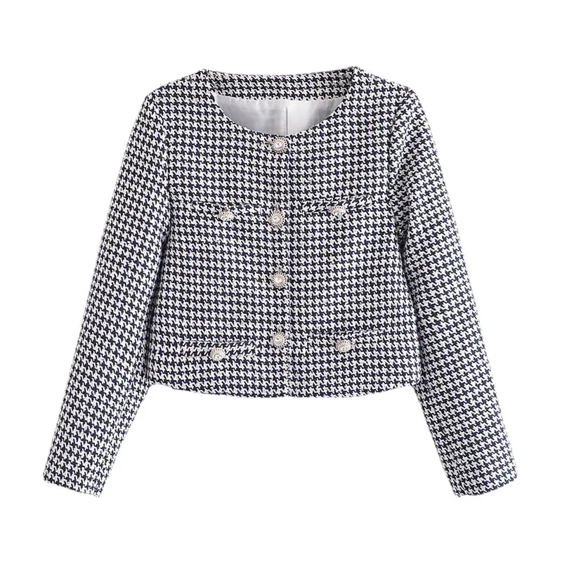 

Женский пиджак с длинными рукавами и узором «гусиные лапки» с круглым вырезом и пуговицами из искусственного драгоценного камня в стиле Chiang, универсальная модная сумка