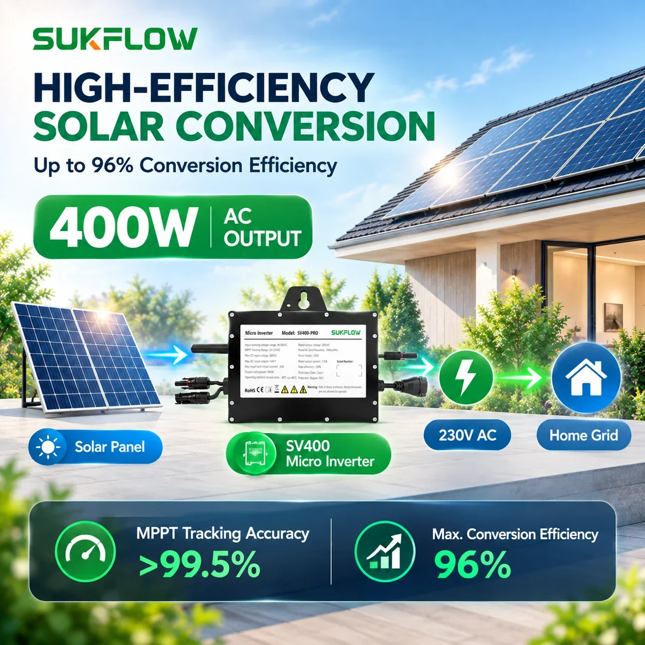 SUKFLOW 400W Micro Inverter WiFi Monitoring IP67 Waterproof MPPT Balcony Solar Inverter for PV System