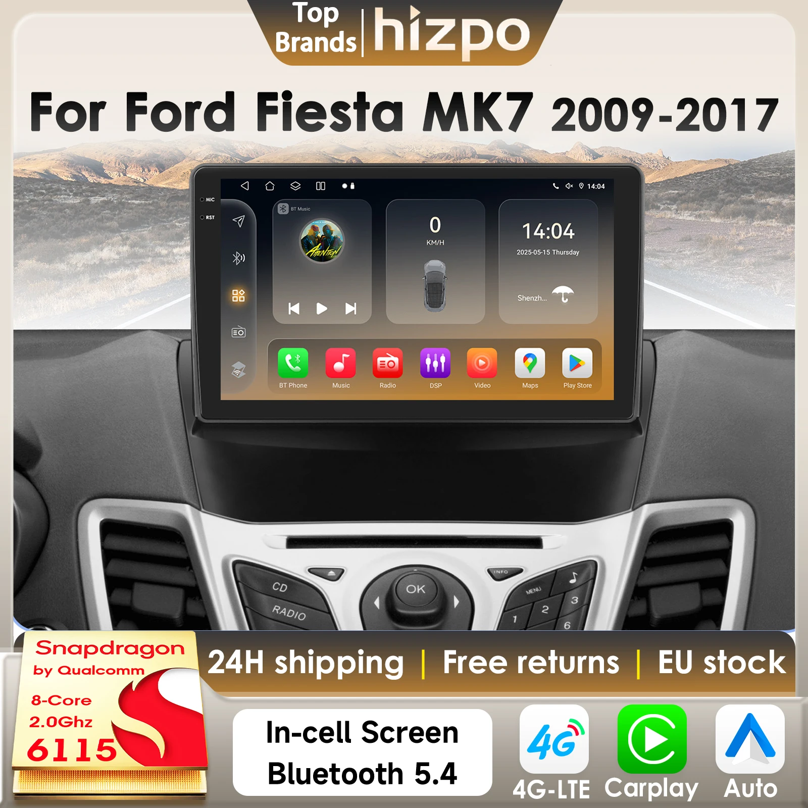 Hizpo Smart Car Radio Autoradio For Ford Fiesta MK7 2009-2017 Car Multimedia GPS 4G Carplay 360Camera By Qualcomm Snapdragon6115