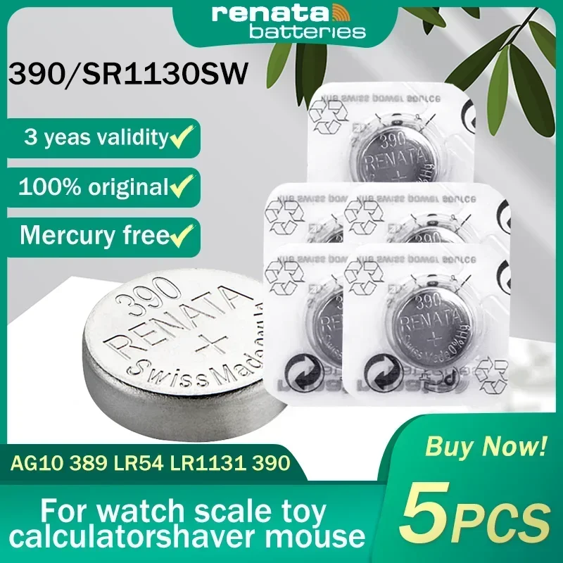 5PCS Original Renata 390 SR1130SW AG10 389 LR54 603 1.55V Silver Oxide Watch Battery For Toy Scale Calculator Button Coin Cells