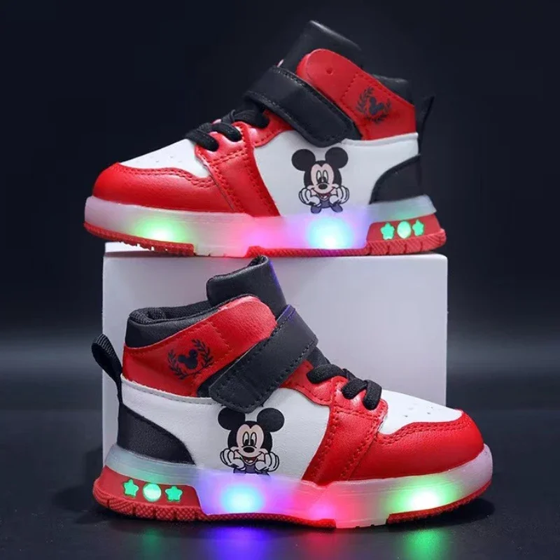 Disney Children\'s Sneakers Boys Girls Mickey Led Light Sport Shoes Student Shoes Hook Anti-slip Kids Outdoor Shoes Basket Shoes