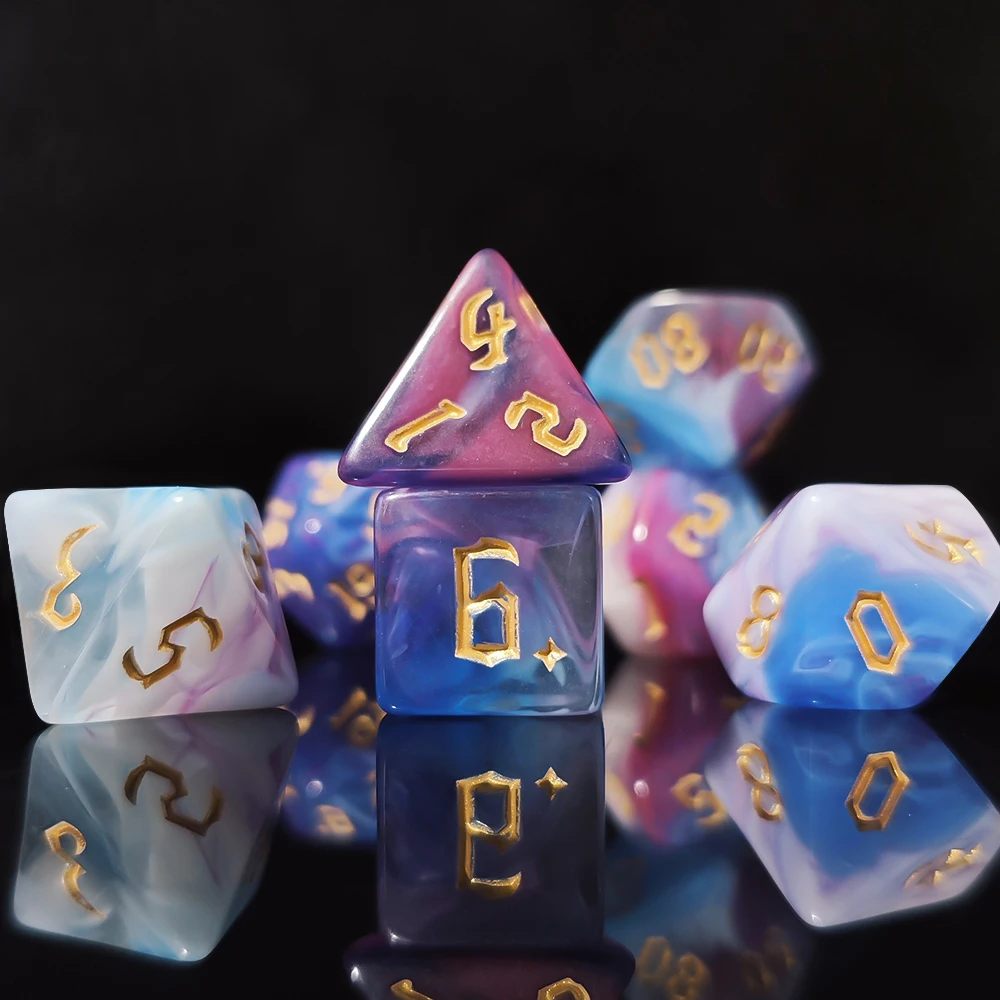 Nebula Swirl Polyhedral Dice Set – Gold-Inked TTRPG Dice Ethereal Swirl Dice: 7-Piece Set for Pathfinder & RPGs Polyhedral Dice