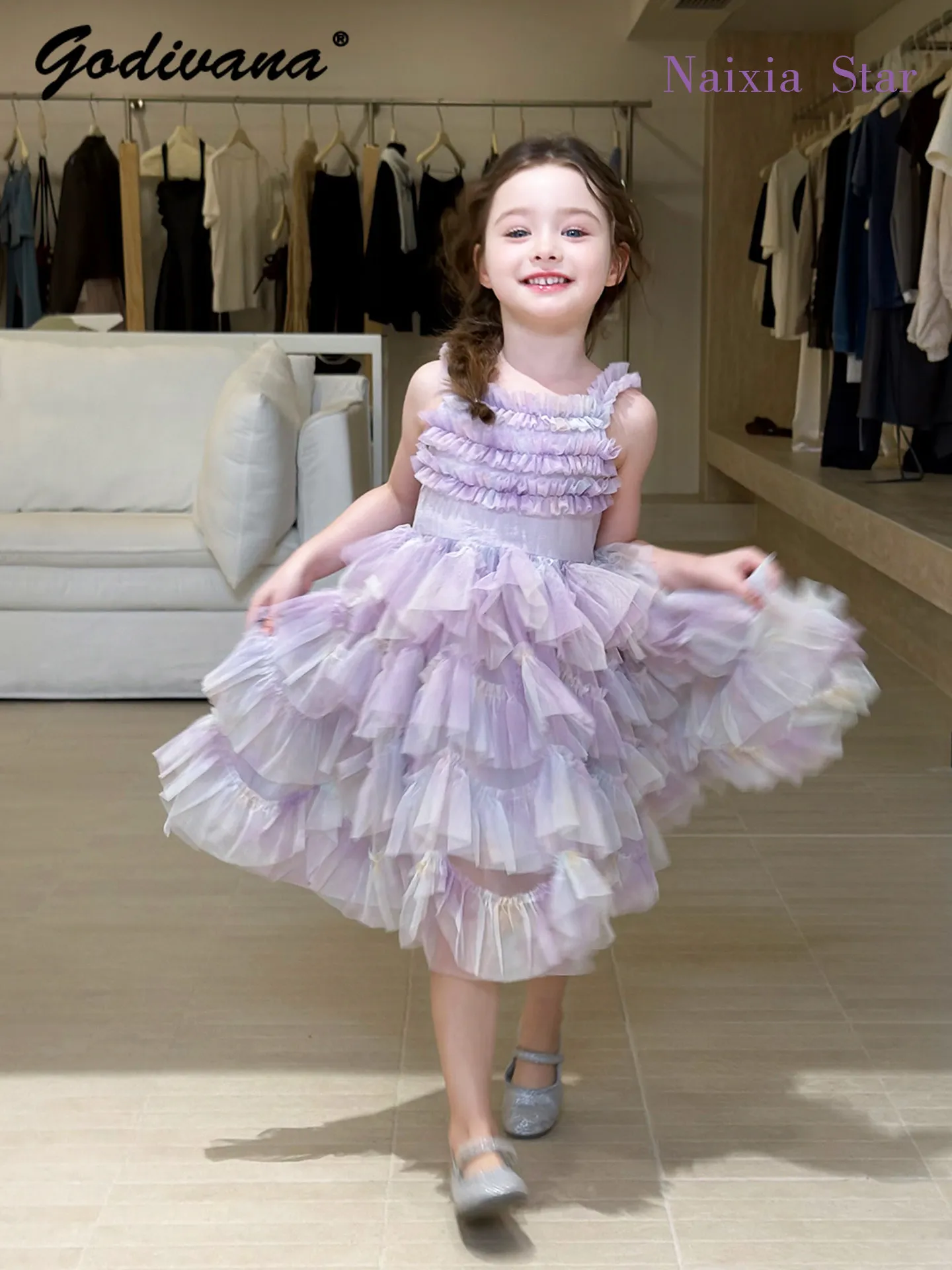 Sweet Baby Girls Summer 2026 New Fashion Mesh Ruffle Princess Dress Girls Elegant Purple Sleeveless Camisole Lolita Cake Dress
