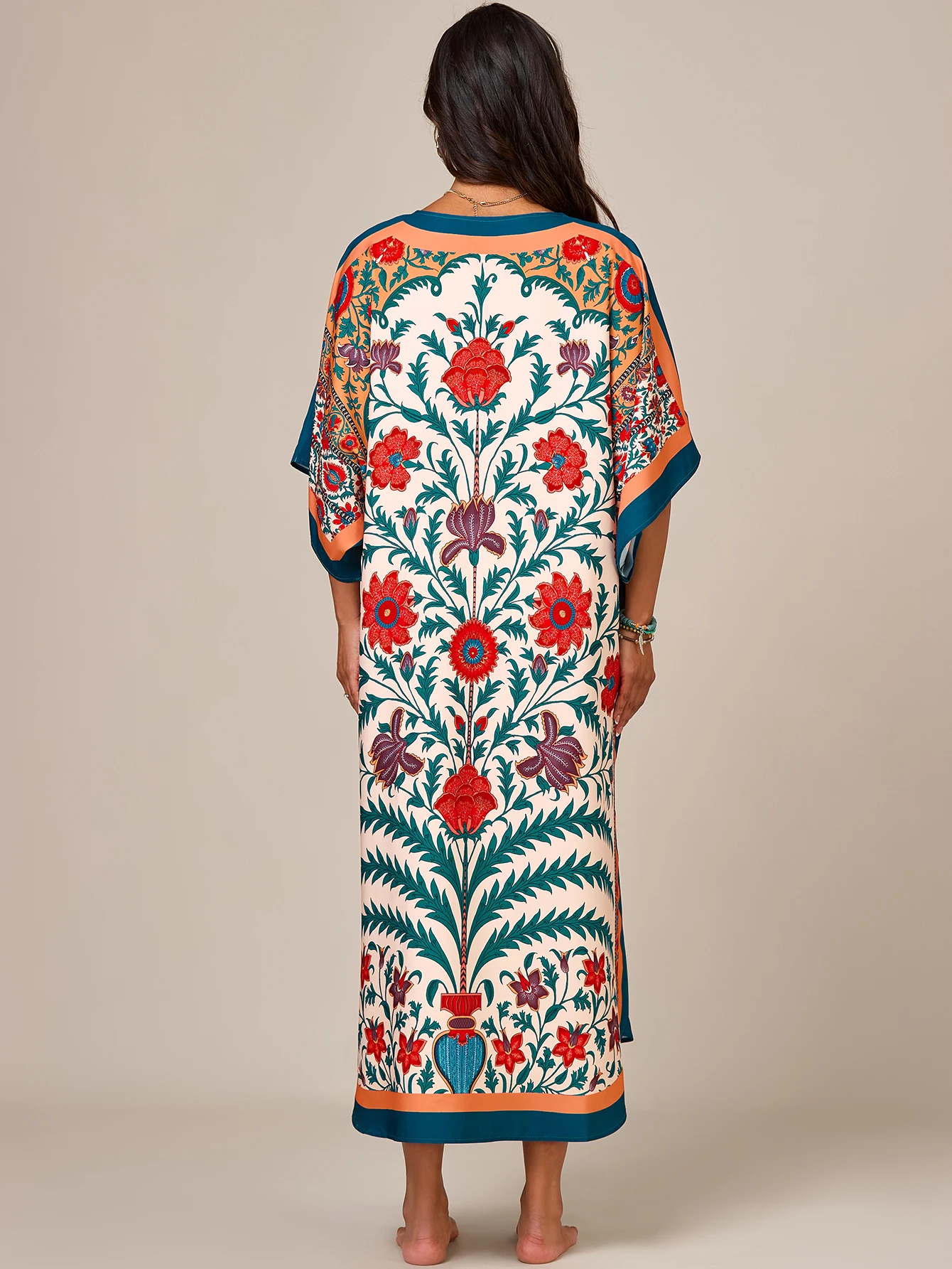 Women Floral Print Kaftan V Neck Short Sleeve Maxi Beach Cover Up Plus Size Loose Caftan Swimwear Cover Holiday Robe