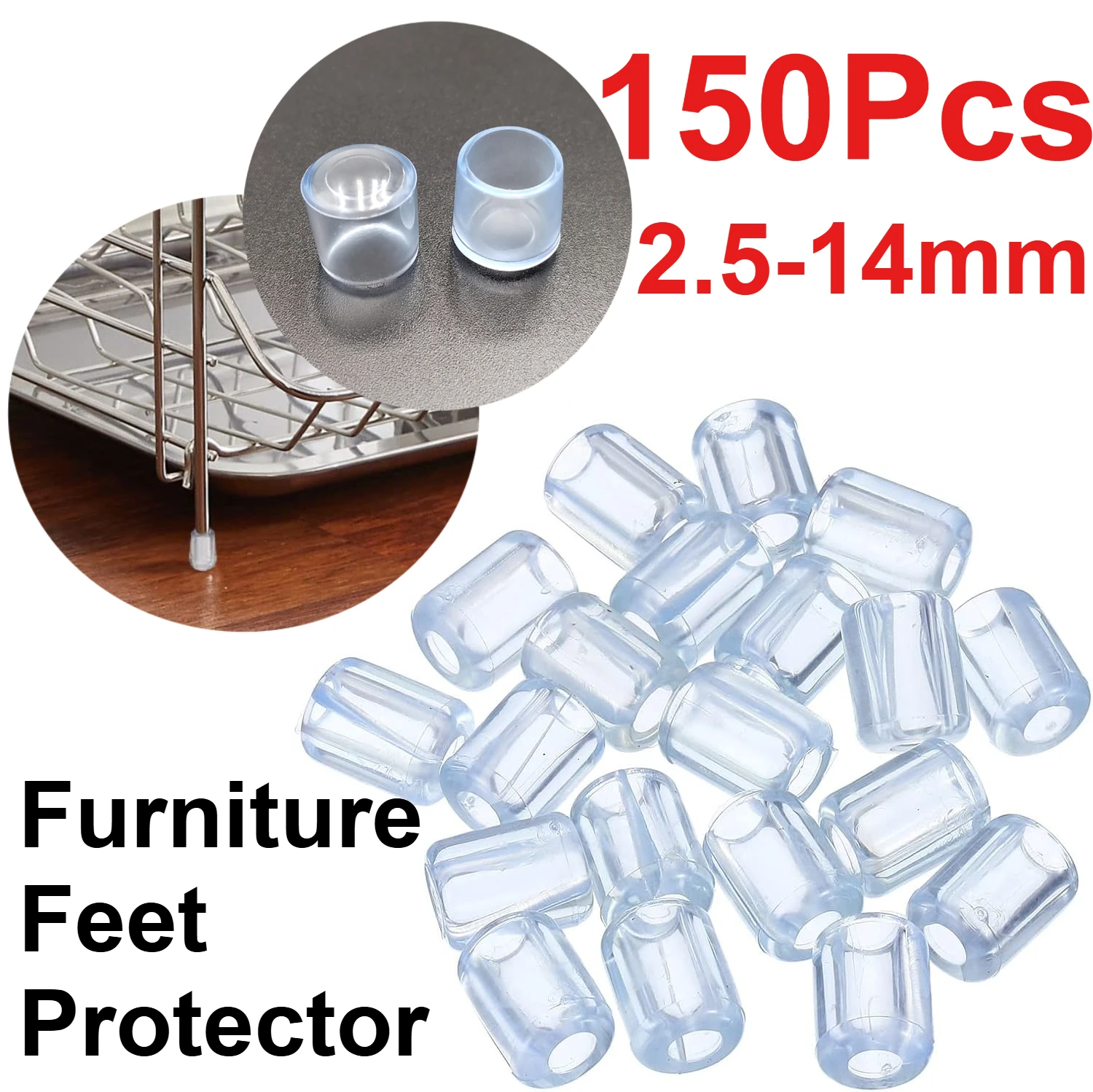 

150Pcs Clear 2.5mm-14mm Kitchen Sink Rack Feet Plastic Sink Protective Replacement Feet Wire Bumpers Protector Sink Rack Grid