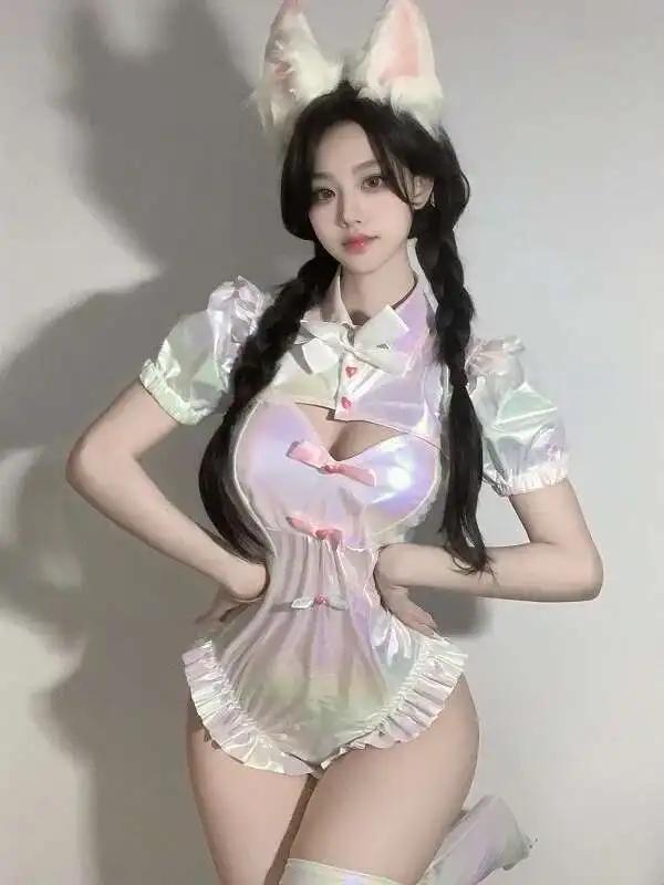 Cosplay Bodysuit Anime Swimsuit Costumes Pink Cute Bow Role Play Outfits Halloween Suit Wrap Chest Short Sleeved Bodysuits TMQQ