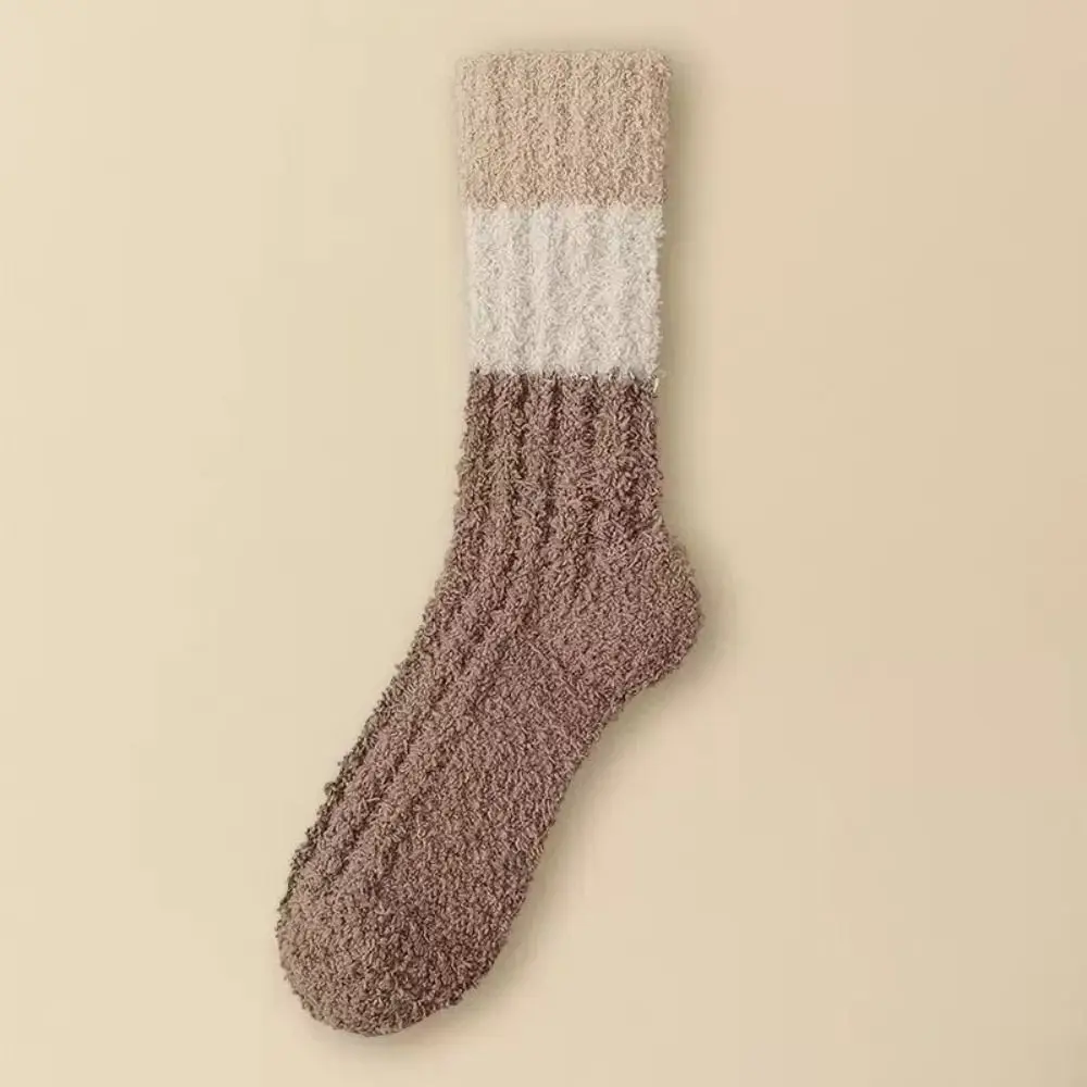 3Pairs Thickened Coral Fleece Socks Stripe Sleeping Floor Plush Socks Winter Simple Mid Tube Socks Women For Female Men