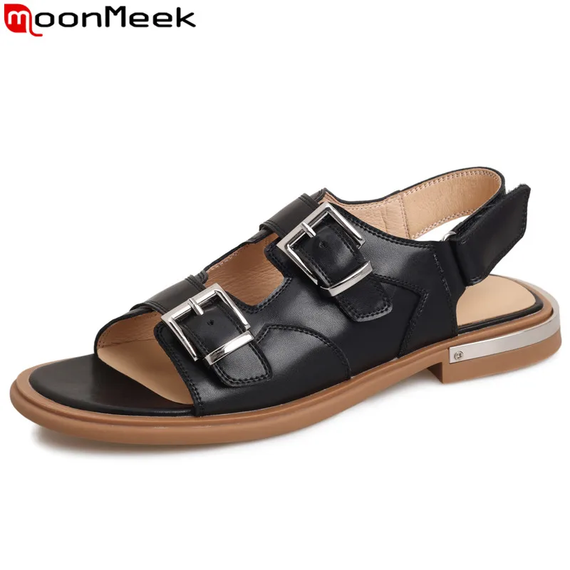 

MoonMeek 2023 New Top Quality Genuine Leather Sandals Women Solid Ladies Buckle Slingbacks Sandals Square Low Heels Sandals