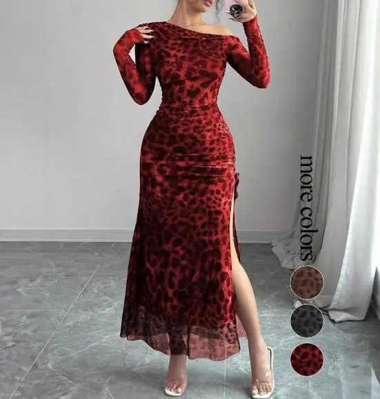 

Ladies' Fashionable Slim Slit Dress Leopard Print Elegant Casual Maxi Dress for Women