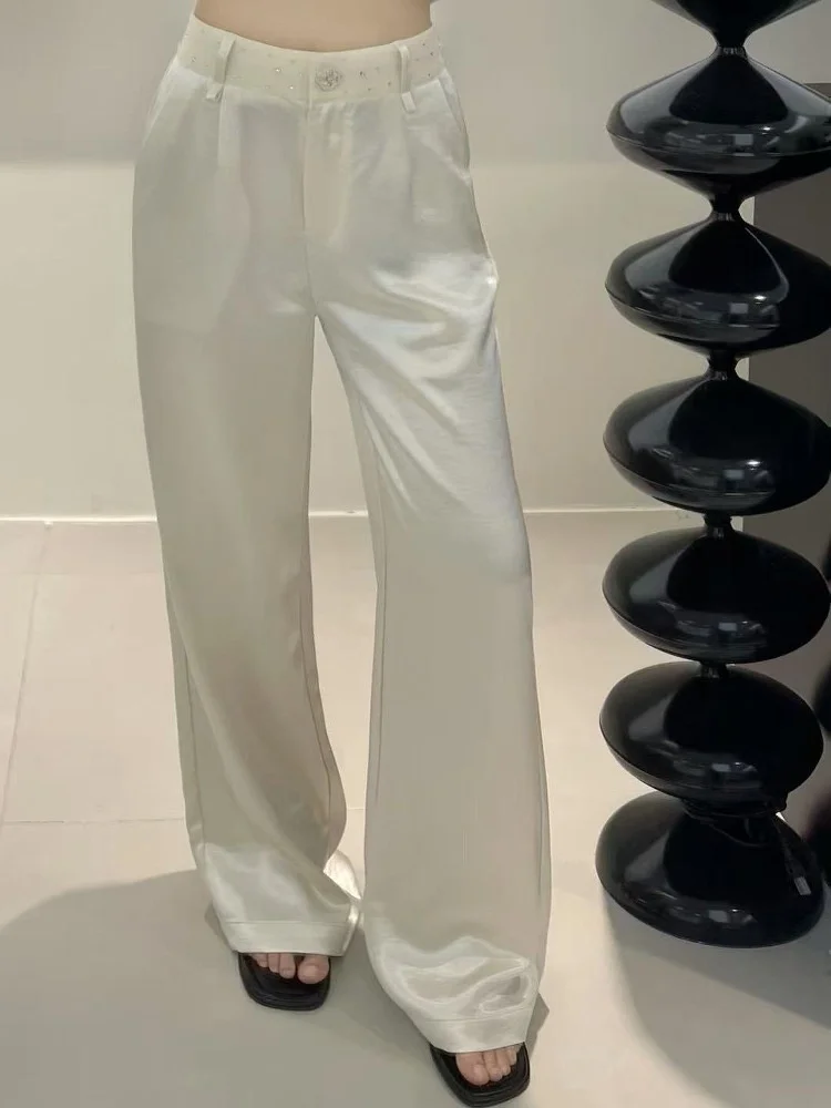 

Широкие брюки из сатина для женщин, летние, тонкие, с высокой талией, с ромбовидным узором, свободного кроя, длинные, драпированные, в пол