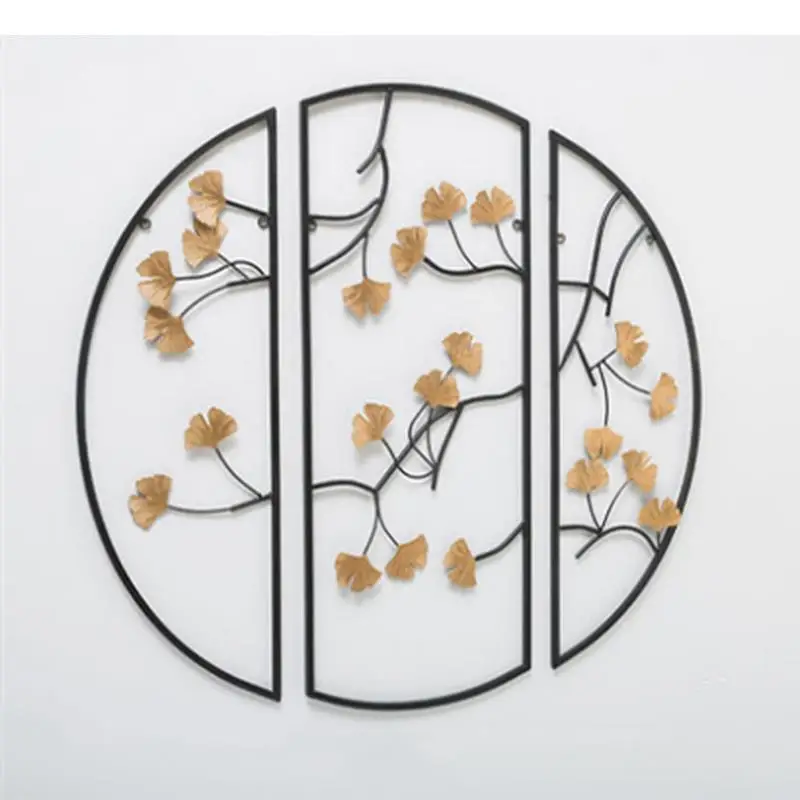 Iron Art Wall Decorations Golden Ginkgo Biloba Hanging Pendant Ornaments Crafts Background Home Round Metal