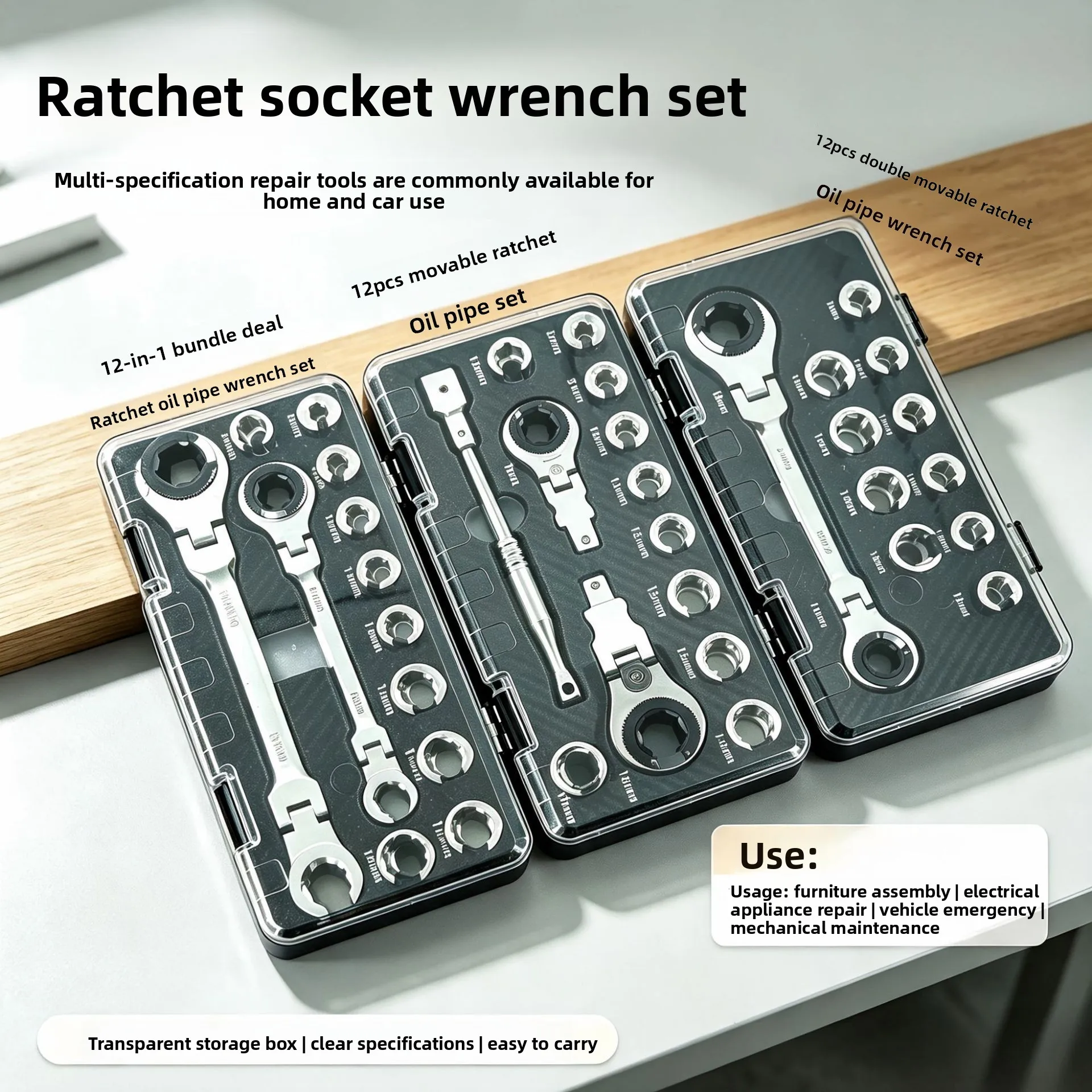 12Pcs Flexible Head Ratchet Wrench Set 8-18mm Open End Flare Nut Wrench for Pipe Removal, Cr-V Steel Repair Tool Kit