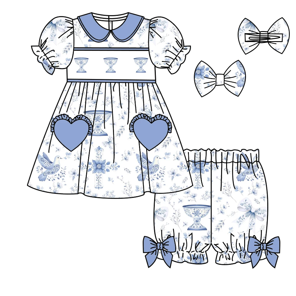 

Boutique children autumn clothing boys and girls short-sleeved pajamas love pocket design customized milk silk matching 2-piece