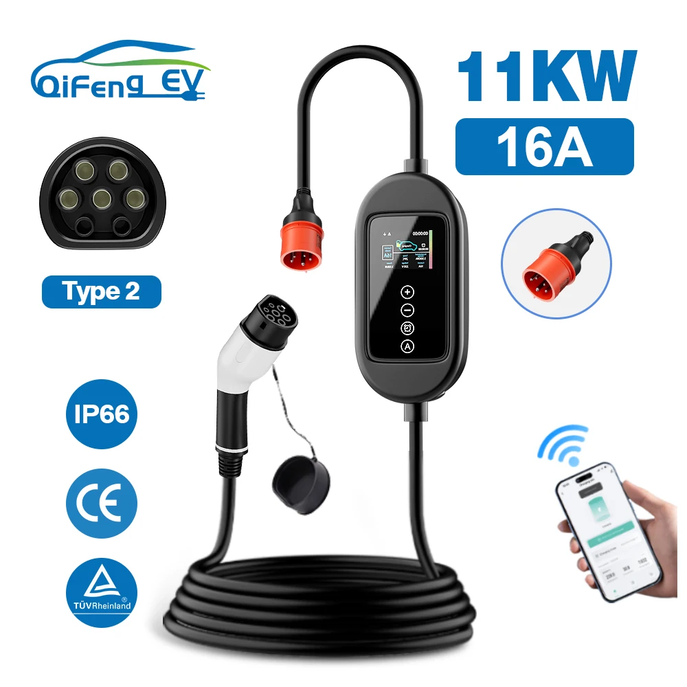 

QiFeng EV 16A Type2 Портативное зарядное устройство 3-фазная 11 кВт 1-фазная зарядная станция Wallbox с кабелем 5 м/10 м для электромобилей