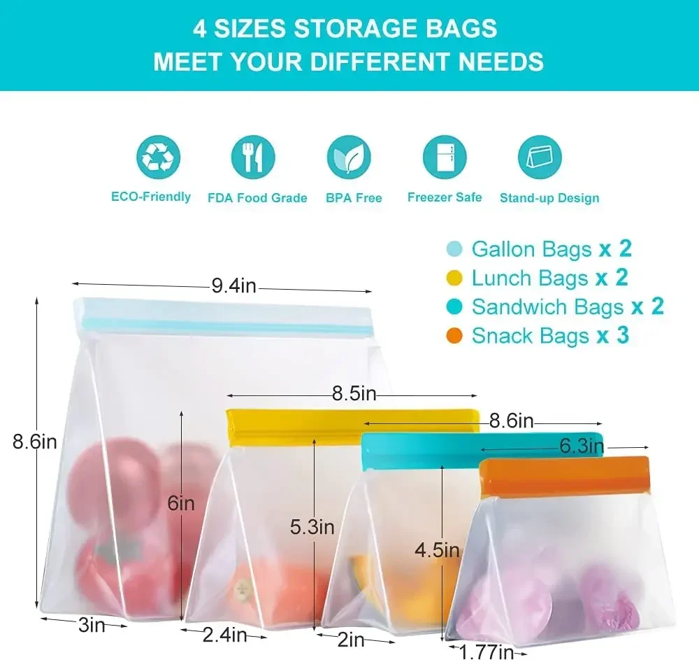 Reusable PEVA Food Storage Bag Stand Up Freezer Food Silicone Leakproof Containers Kitchen Fresh Bag Wrap Ziplock 1Pack