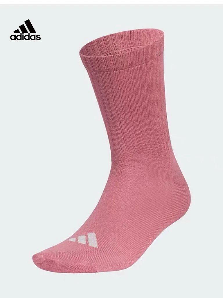 Adidas 1 Pair Women Pink Ribbed Crew Socks Soft Breathable Mid Calf Socks Comfort Casual Sports Socks For Running Gym JN9650