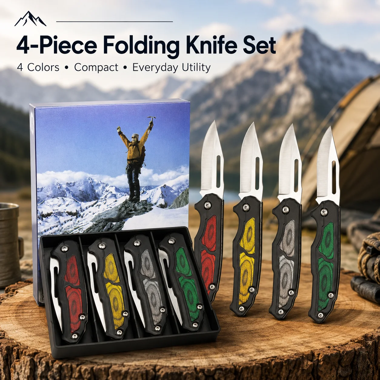 Image of 4er-Pack Taschenmesser-Set Klappmesser mit Clip Edelstahlklinge Camping EDC-Messer für Outdoor-Wandern Männergeschenk