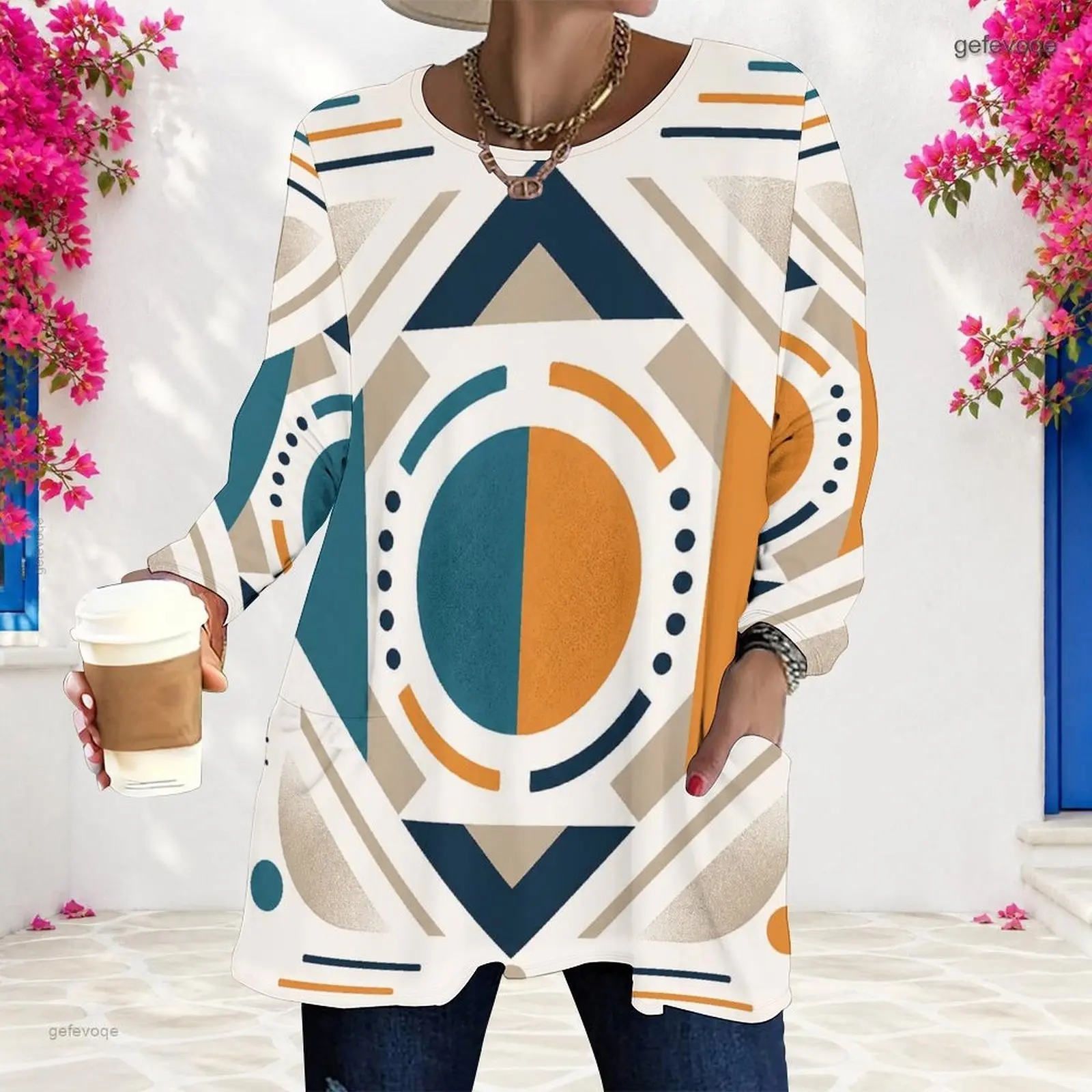 Women Abstract Brush Stroke Geometric Print Round Neck Long Sleeve Loose Longline Top with Pockets