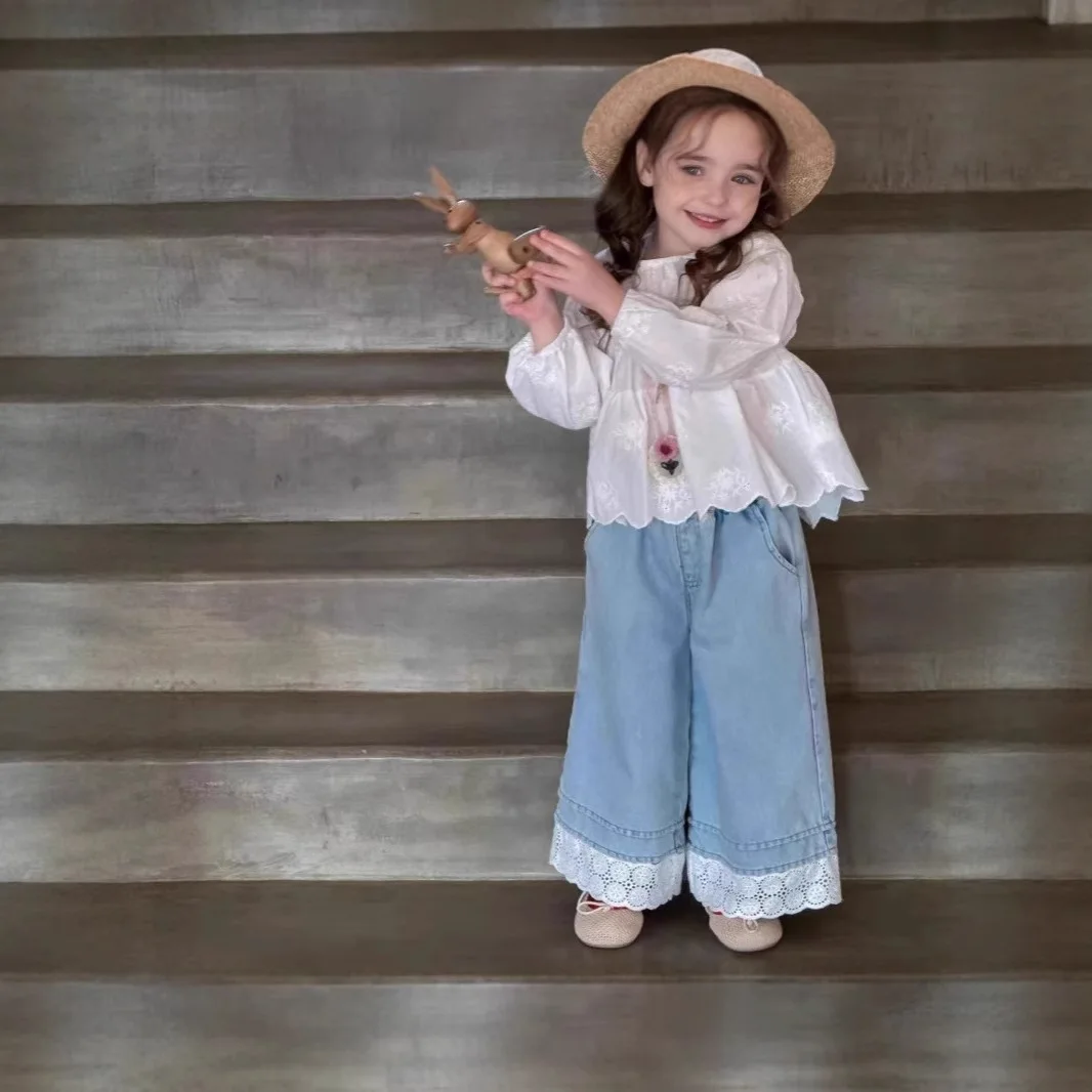 

Denim Jeans Pants Trousers Bottom Kids Clothing Straight Leg Wide Lace Edge Light Color Versatile Fashionable Women Treasure