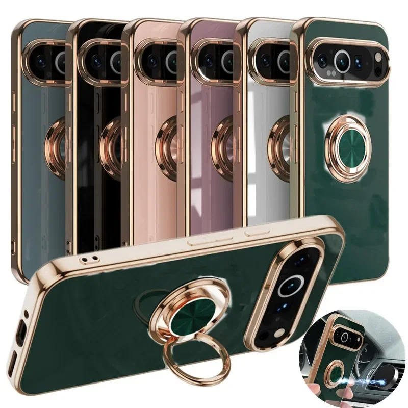 

Flexbile Shockproof Plating Ring Holder Phone Case For Google Pixel 9 Pro XL 8A 8 Pro Cover Stand Back Shell Capa Funda Coque