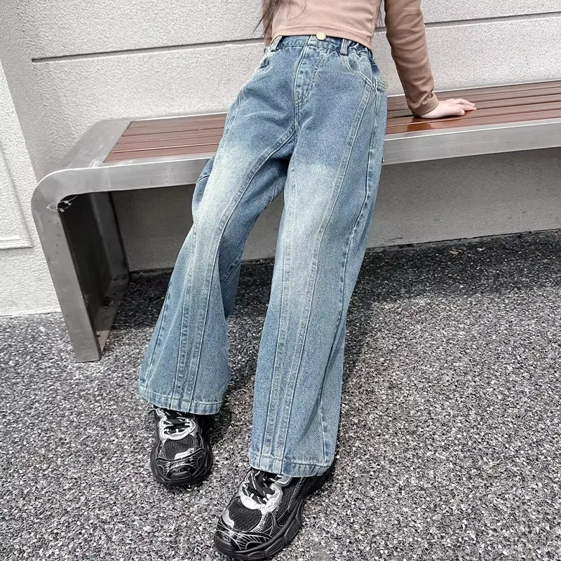 Spring Autumn Kids Jeans for Girl Casual Straight Cut Jeans Denim Pants Children Elastic Waist Korean Teenager Trousers 5-14Y