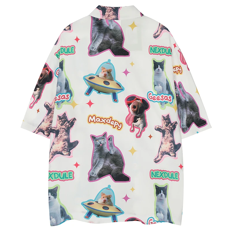 Summer Men Hawaiian Beach Shirt Hip Hop Funny Cartoon Dog Cat Print Hawaii Shirt Harajuku Streetwear Fashion Casual Aloha Shirts