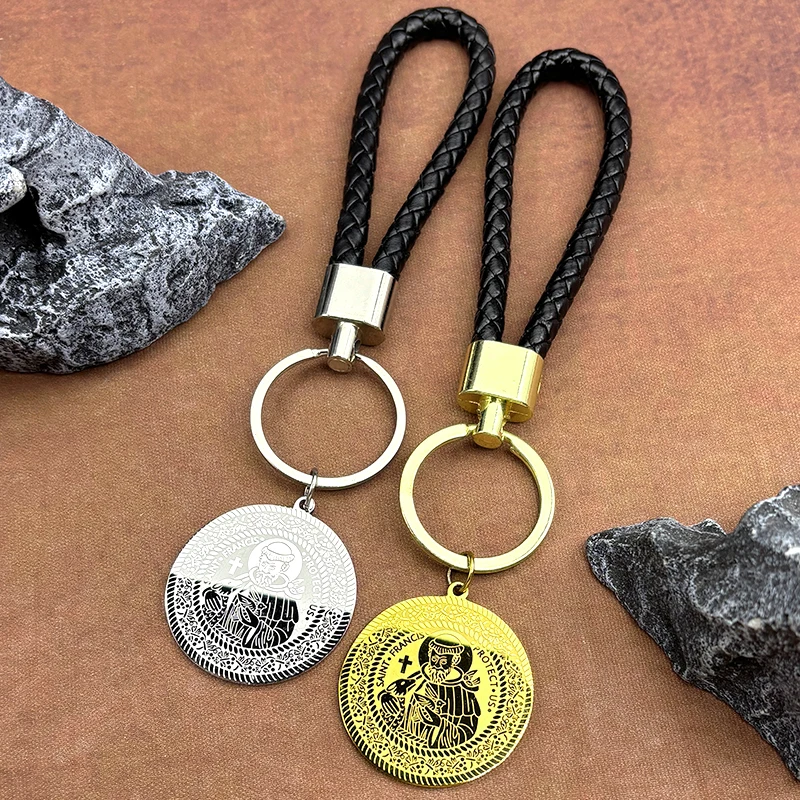

Catholic Saint Francis Protect Us Key Chains for Women Men Stainless Steel Gold Color Animal Medal Key Ring Amulet Jewelry
