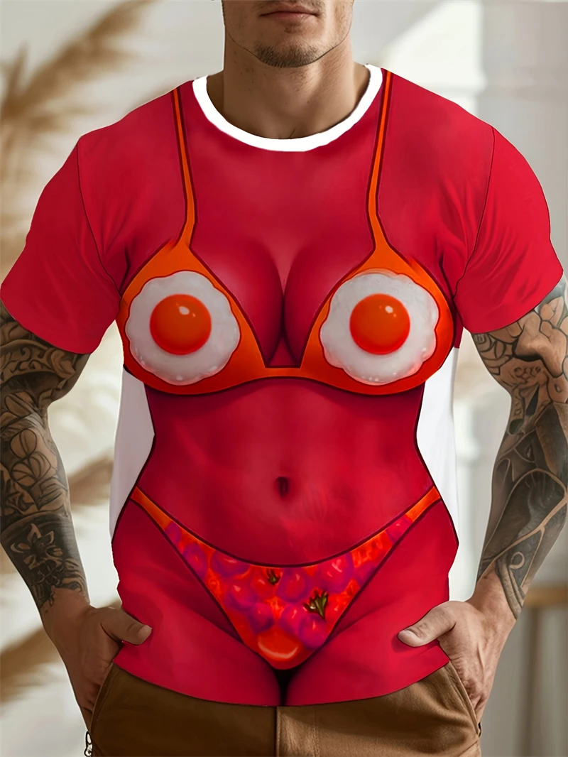 Novelty Full Print Men's Shirt With "Egg Bikini And Bacon Thong" Humor Graphic Shirts For Man Casual Fashion Tshirt Clothing