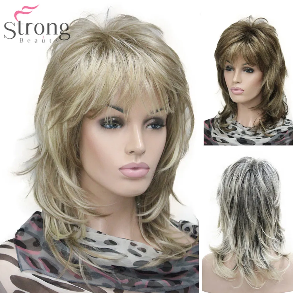 

StrongBeauty натуральные волнистые синтетические парики для женщин натуральные волосы Ombre блондинка/коричневые мелирование средние вьющиеся многослойные парики