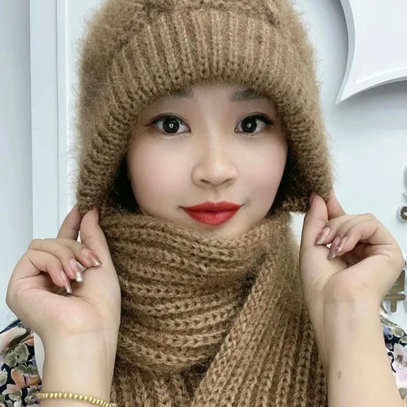 Hat Scarf All-in-one Female Winter Warm Rabbit Hair Ear Padded Cute Knitted Neck Protection Cold-proof Cycling Cap