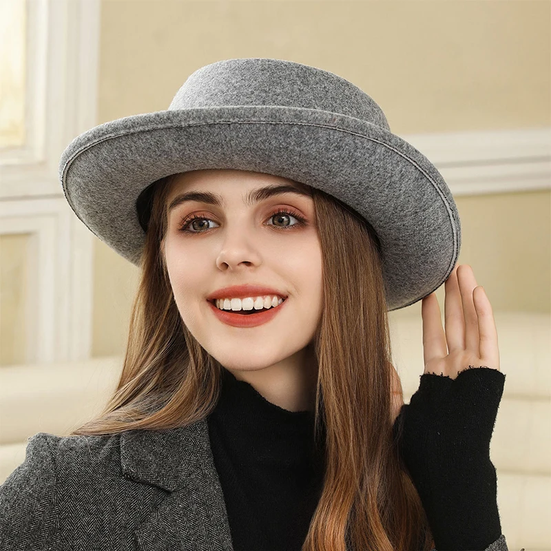 Fashion Felt Hat With Woolen Rolled Brim And Circular Crown Retro Fedora Bow-Tied Versatile Casual Fall Winter