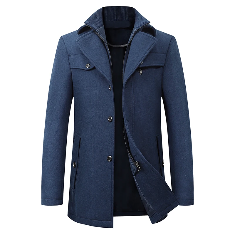 2023 Winter Men's Woolen Windbreaker Coat New Solid Color Single Breasted Trench Slim Fit Business Casual  Wool Jacket Blends